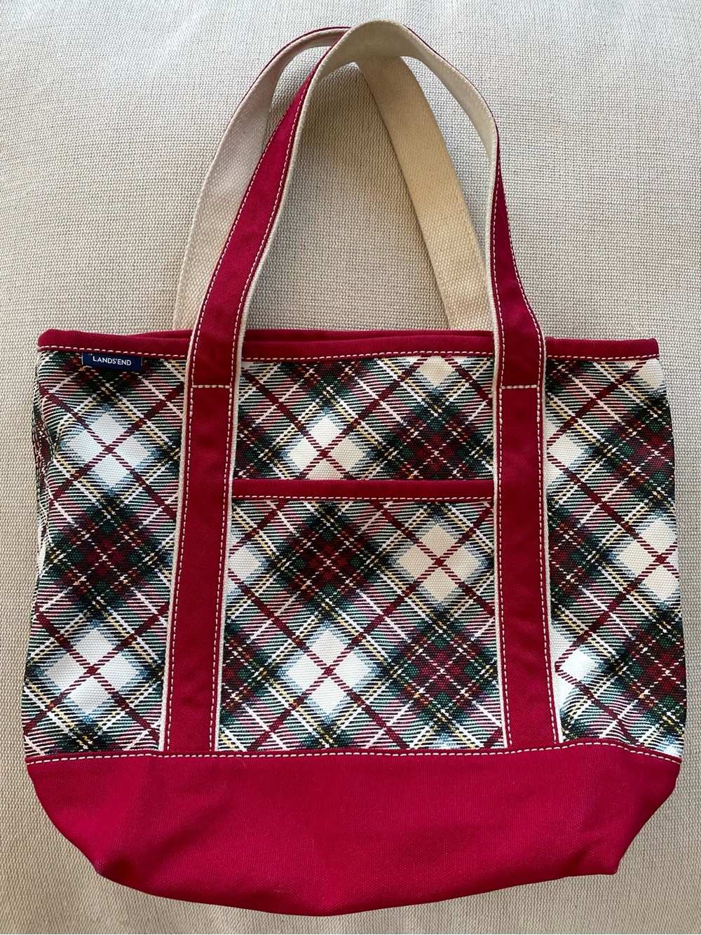 Lands' End Red Classic Plaid Large Canvas Tote Bag